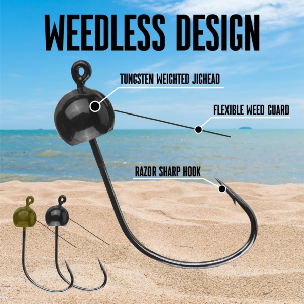 Tungsten Wacky Jig Heads - 5-Pack for Bass Fishing Jigs, Weedless Option Wacky Worm Hook - Finesse Jig for Soft Plastics and Wacky Worms - 1/16 - Green Pumpkin - Weedless - Image 4
