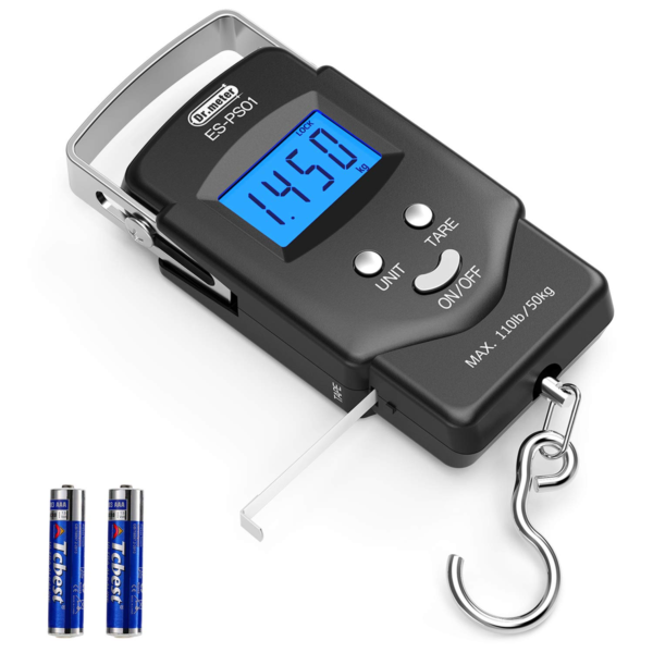 Fish Scale,  110Lb/50Kg Backlit LCD Display Digital Scale with Built-In Measuring Tape - Electronic Fishing Postal Hanging Hook Scale with 2 AAA Batteries, Pocket Size