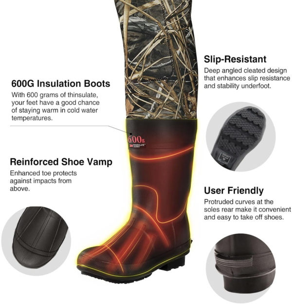 Hunting Waders with Boot Hanger 600G Insulation, Waterproof Cleated Neoprene Bootfoot Fishing Chest Waders - Image 3