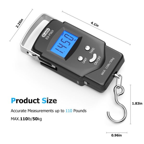 Fish Scale,  110Lb/50Kg Backlit LCD Display Digital Scale with Built-In Measuring Tape - Electronic Fishing Postal Hanging Hook Scale with 2 AAA Batteries, Pocket Size - Image 5