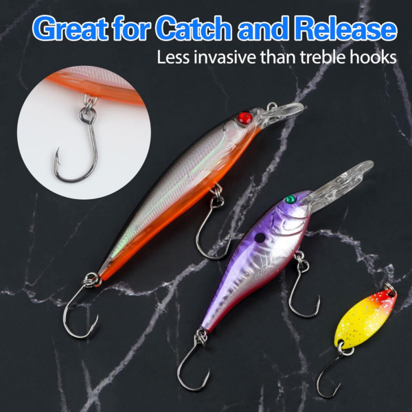 70Pcs Fishing Inline Single Hooks Kit Single Replacement Hooks for Hard Lures High Carbon Steel Circle Large Eye Single Bait Hooks for Bass Trout Lure Saltwater Freshwater Fishing Tackle - Image 5