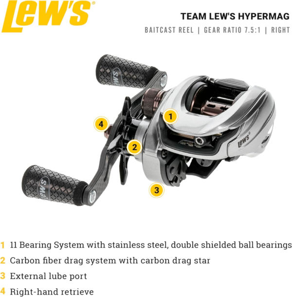 Team Lew' Hypermag 7.5:1 Right Hand Baitcast Reel - Image 2