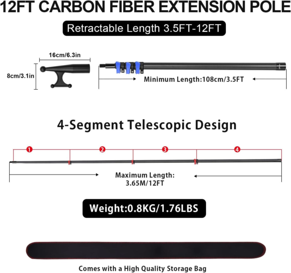 Carbon Fiber Telescoping Boat Hook, Boat Hooks for Docking with Telescoping Extension Pole, Lightweight and Sturdy Push Pole with 3/4" Thread Boating Accessories 3.5-12FT - Image 5
