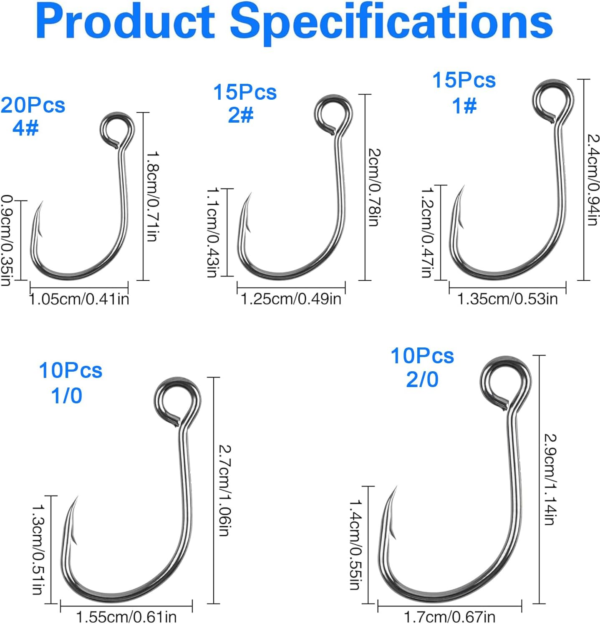70Pcs Fishing Inline Single Hooks Kit Single Replacement Hooks for Hard Lures High Carbon Steel Circle Large Eye Single Bait Hooks for Bass Trout Lure Saltwater Freshwater Fishing Tackle - Image 2